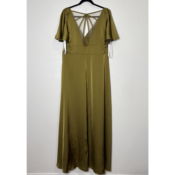 Azazie Bridesmaid Dress Green Size 18 Satin Flutter Sleeve Forest Fairy - Picture 2 of 15